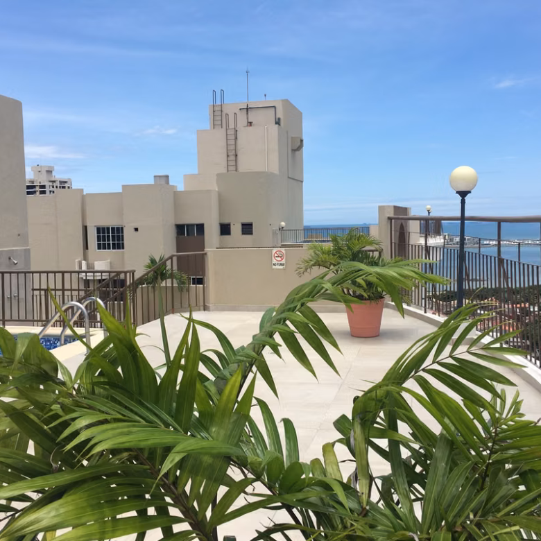 Terraza con plantas y vista urbana